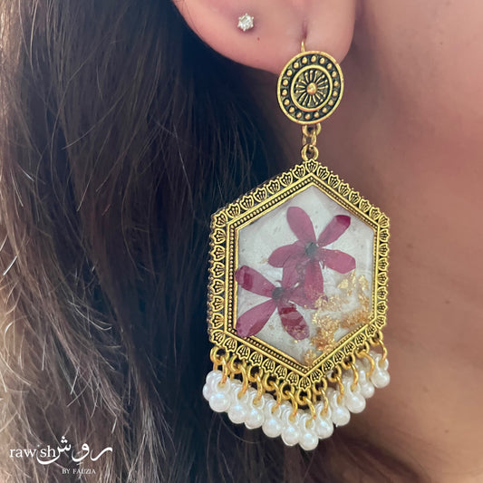 Pearl White Floral Hexagon Jhumkas
