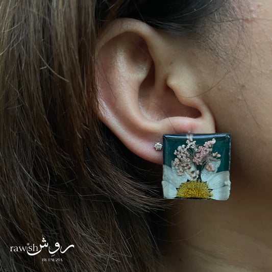 Green Floral square earrings