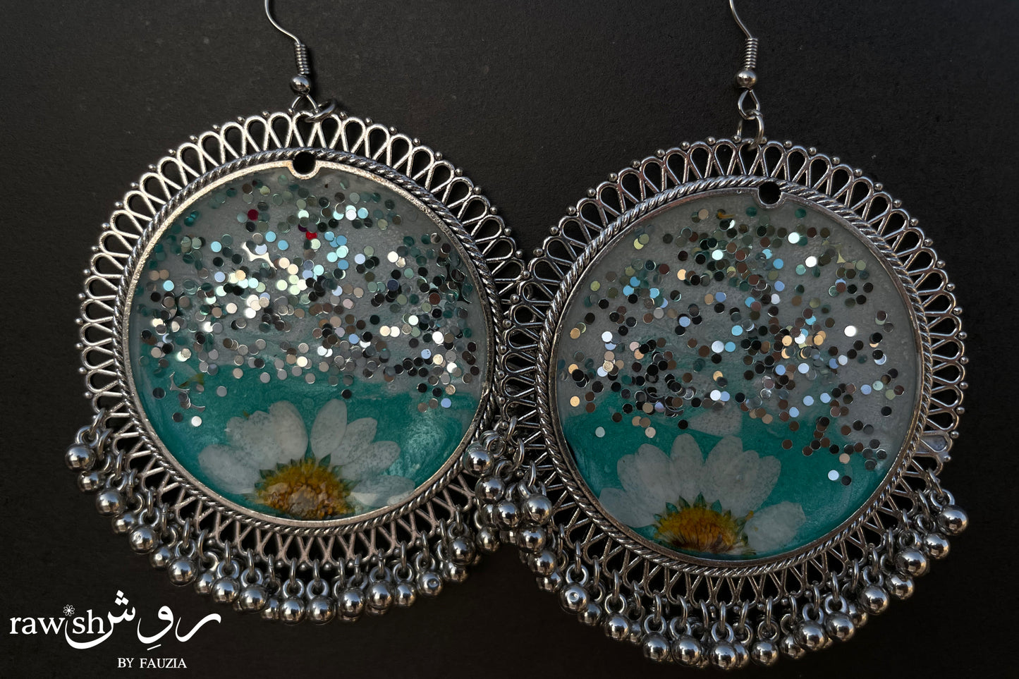 Turquoise Glittery Floral Jhumkas