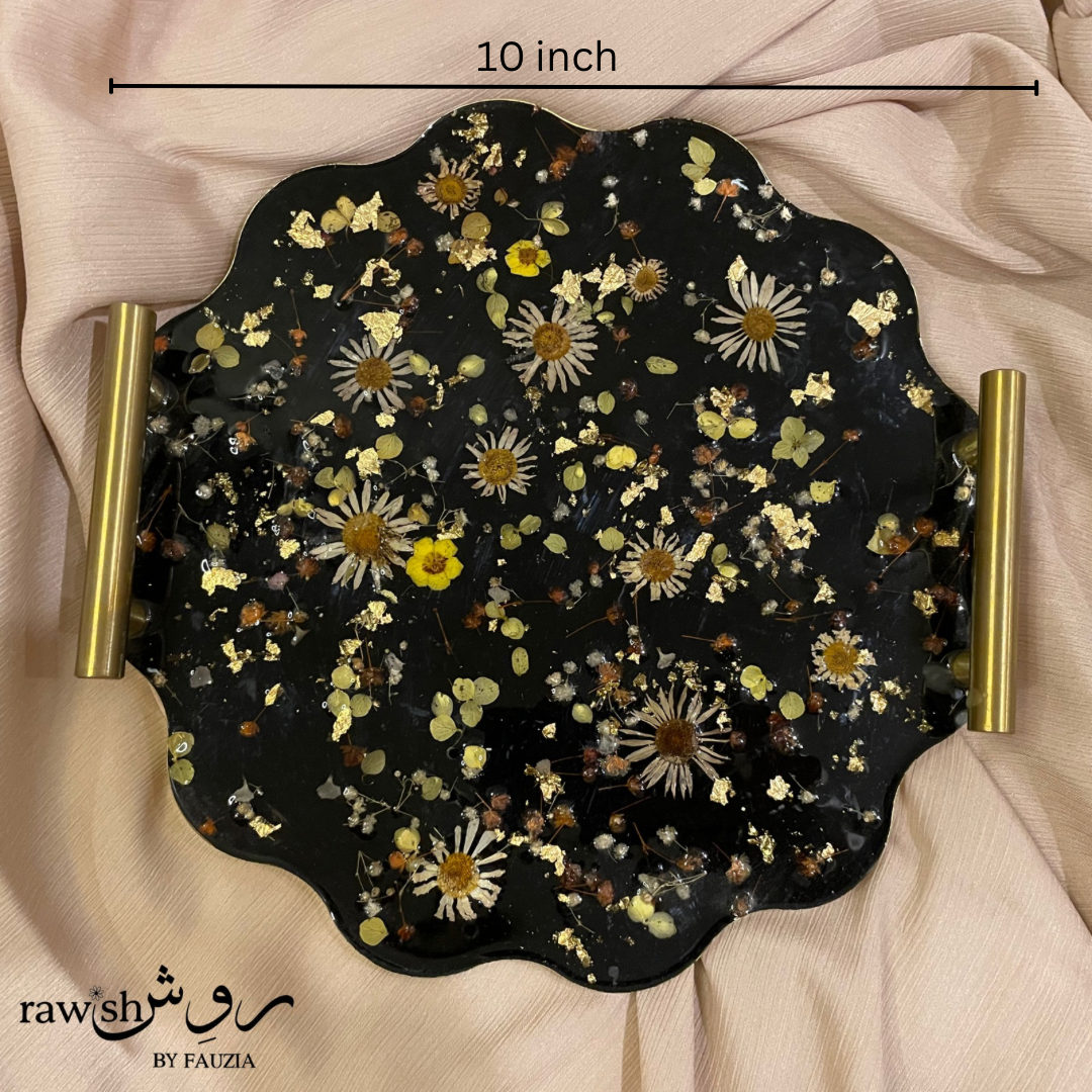 Black Floral round Resin Tray