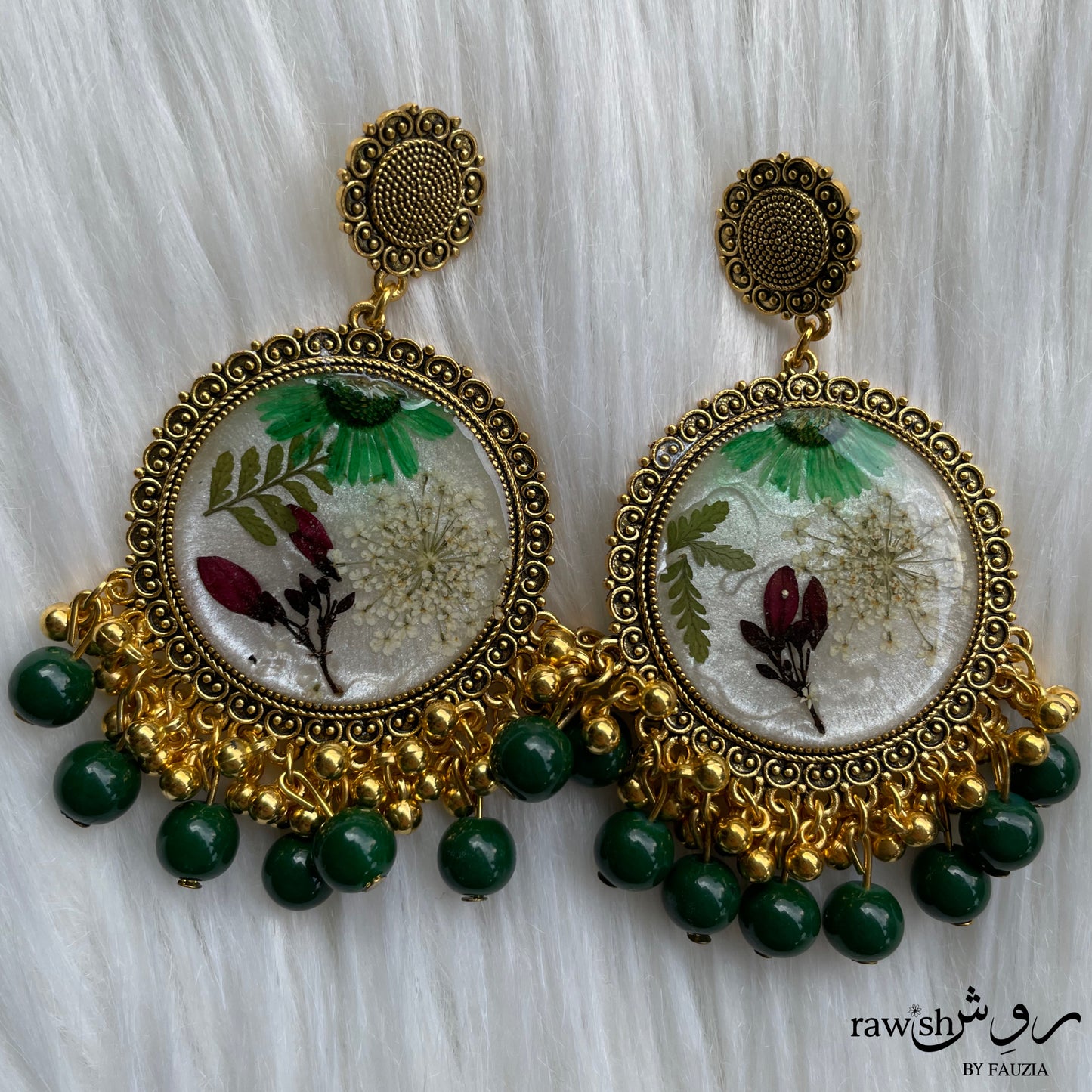 Pastel Green and White Floral Jhumkas and Tikka Set