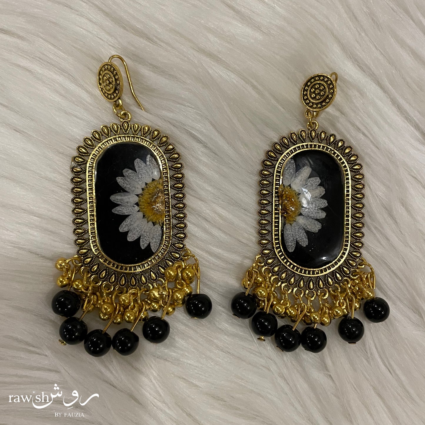 Black Floral Oval Jhumkas