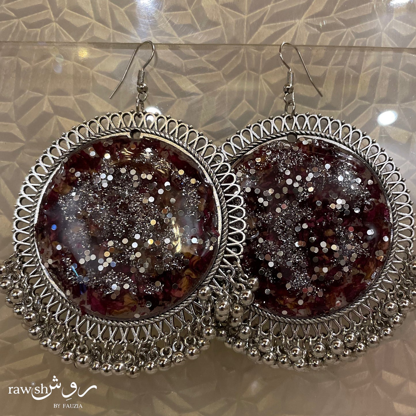 Rose Glittery Silver Jhumkas