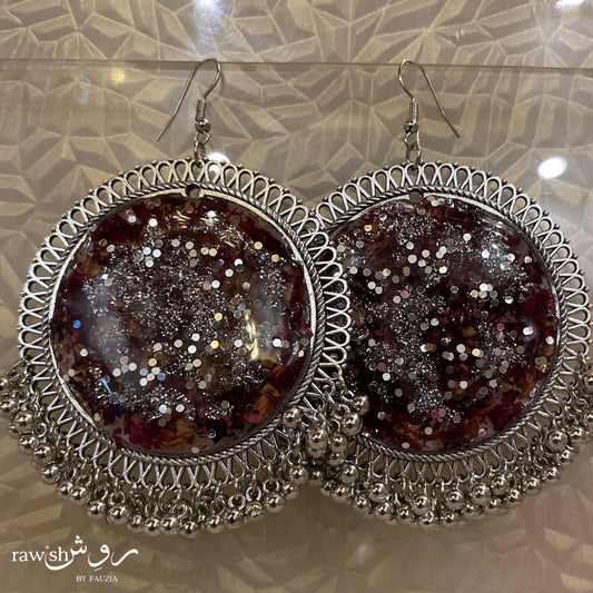 Rose Glittery Silver Jhumkas