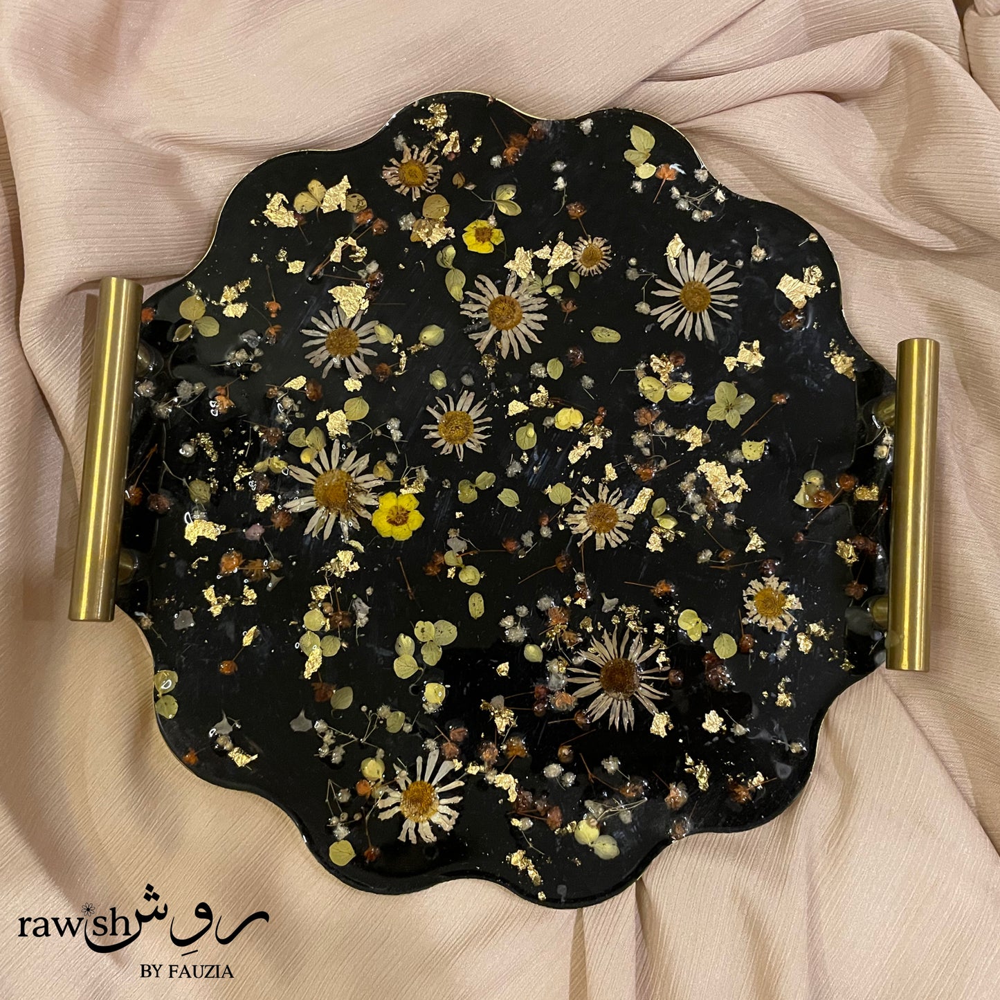 Black Floral round Resin Tray