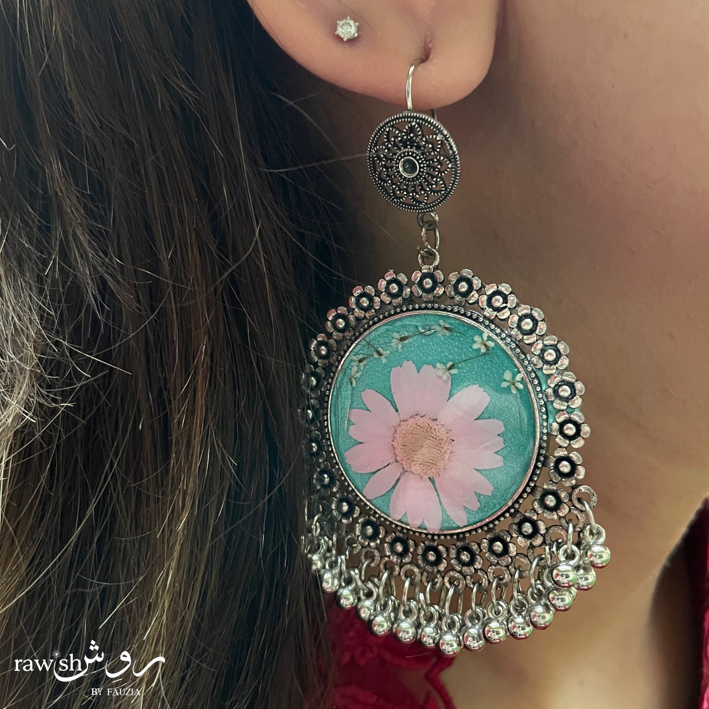 Turquoise and Pink Floral Jhumkas