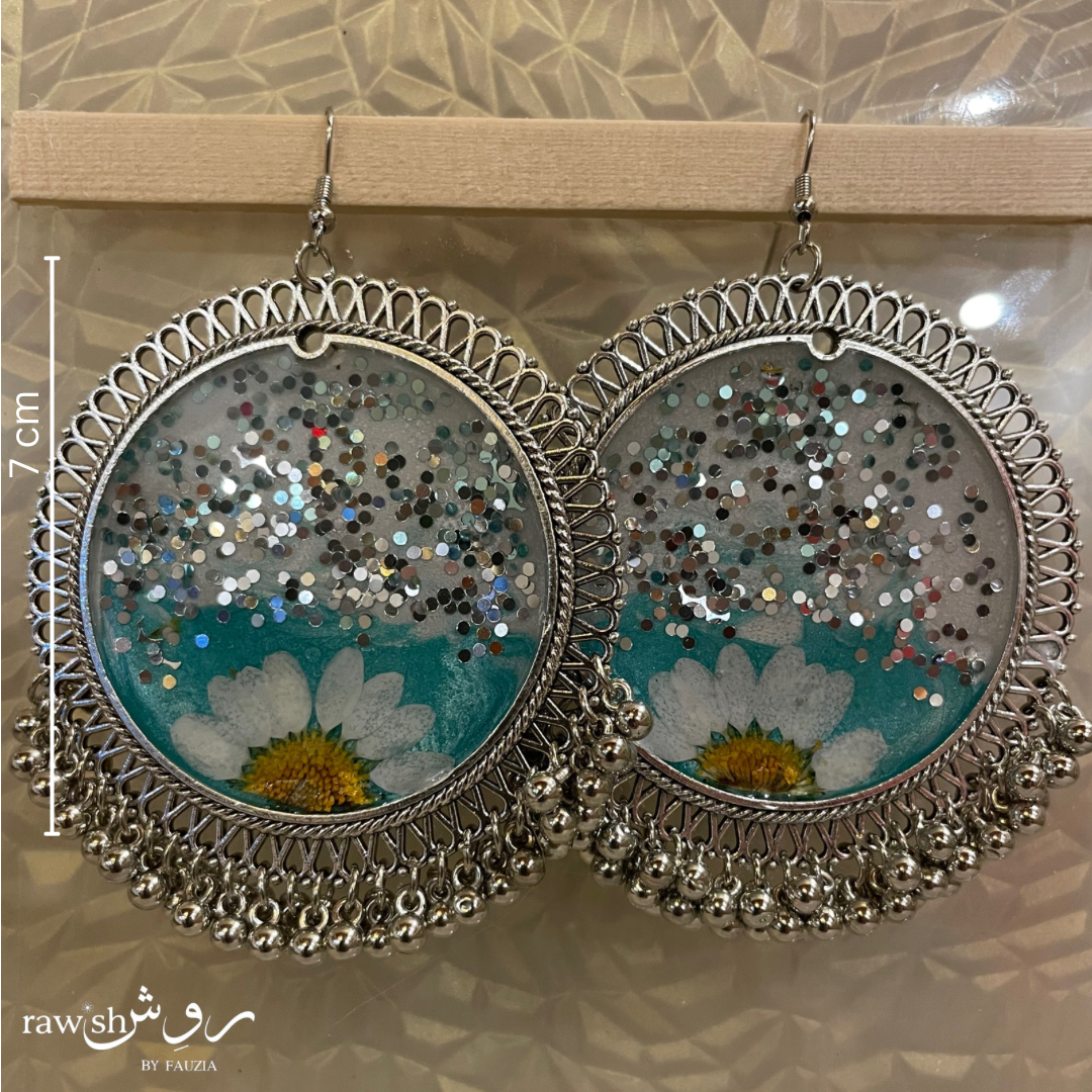 Turquoise Glittery Floral Jhumkas