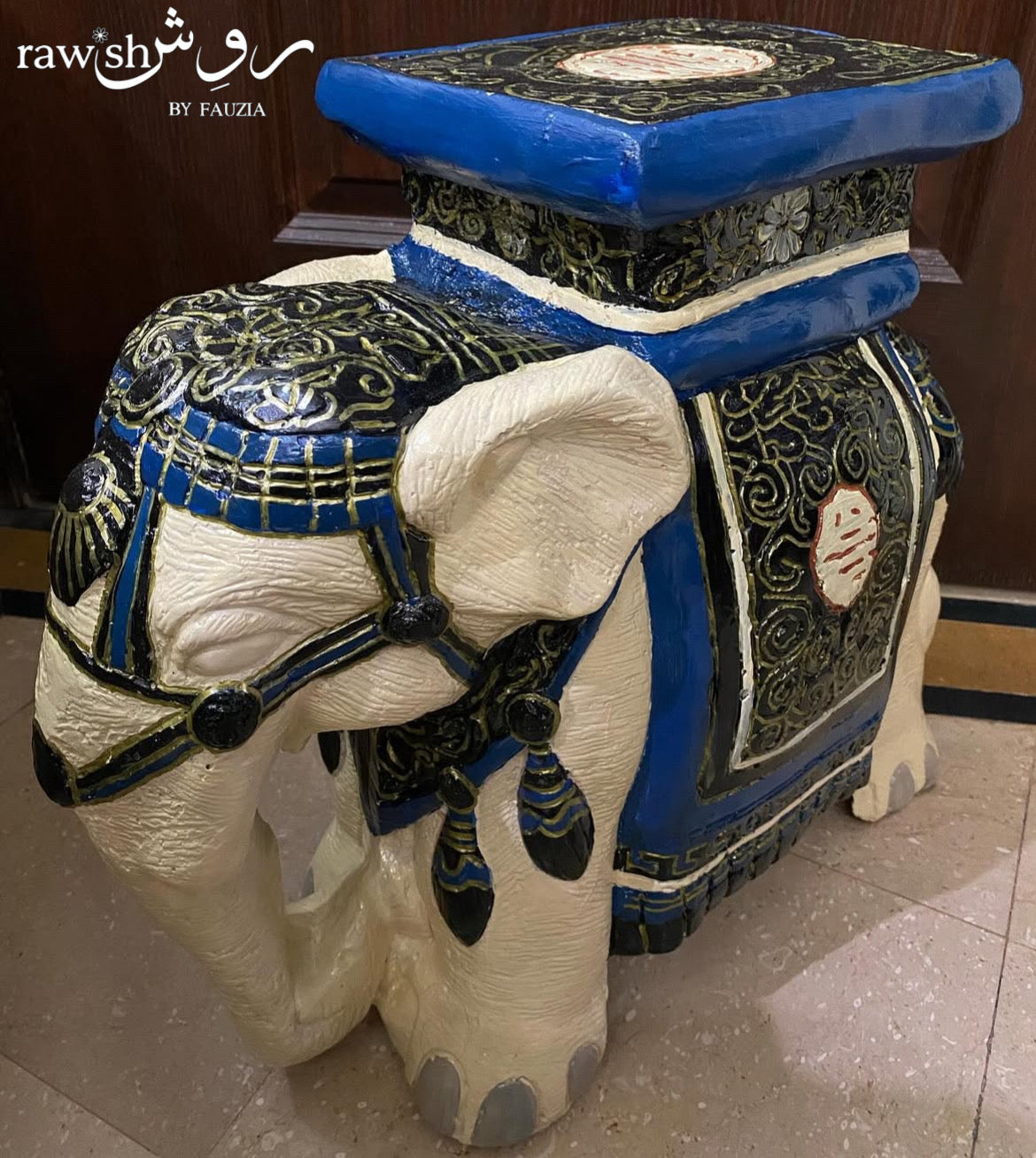 Ivory and Blue Elephant Sculpture