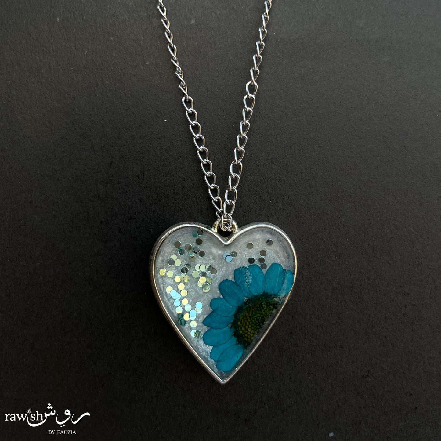 Blue Glittery floral Heart Pendant