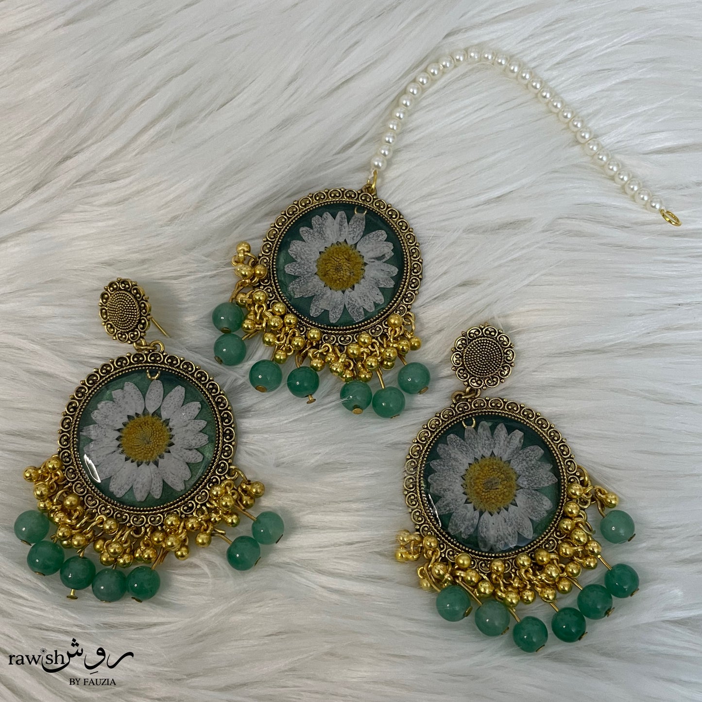 Green floral Jhumka and Tikka set