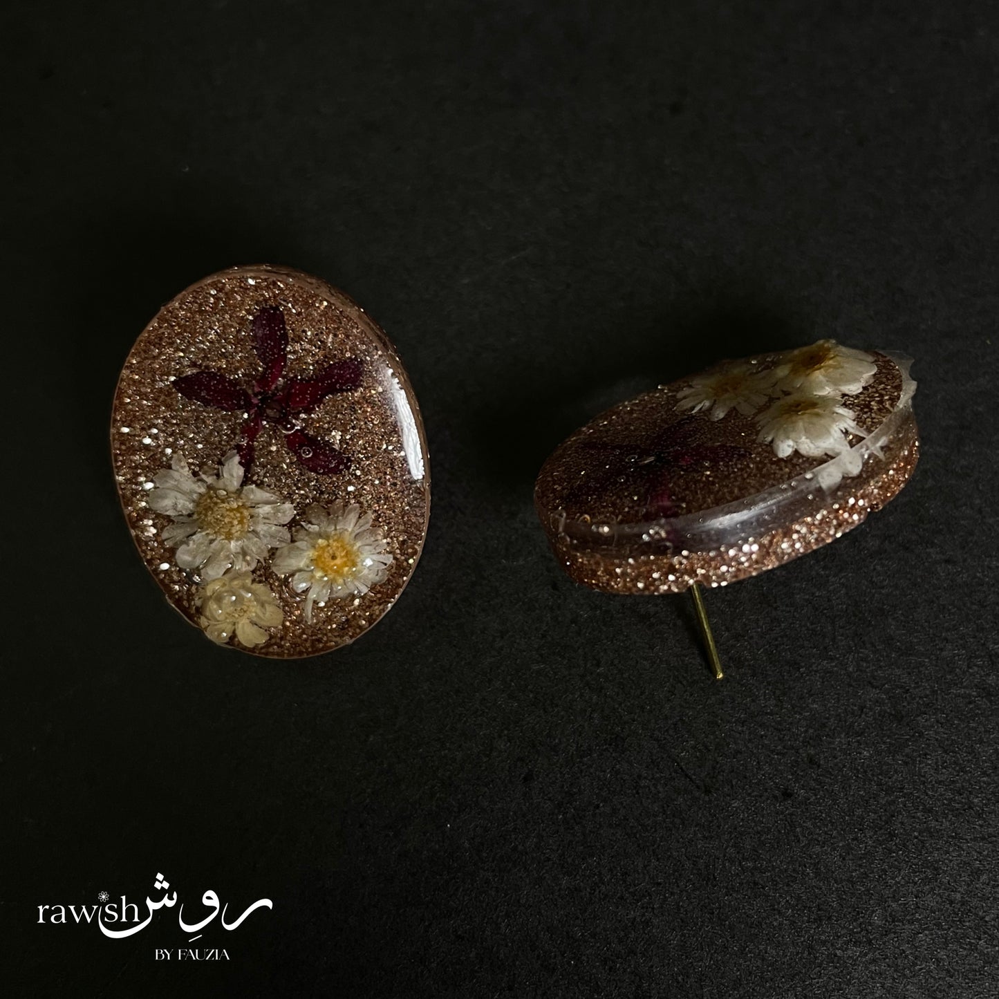 Brown Shimmery Floral Oval Earrings
