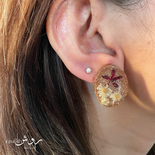 Brown Shimmery Floral Oval Earrings