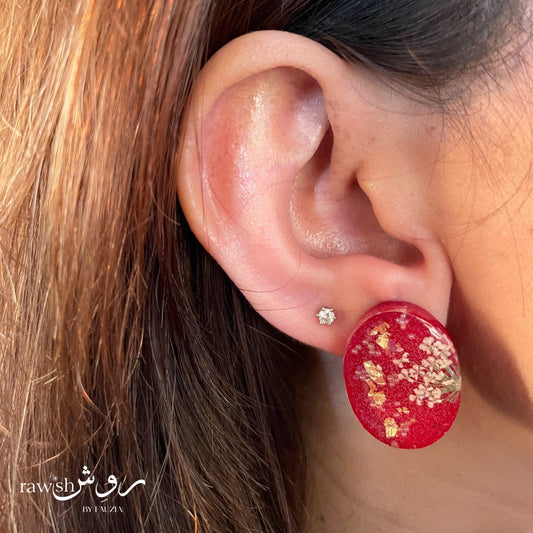Red floral earrings with gold foil