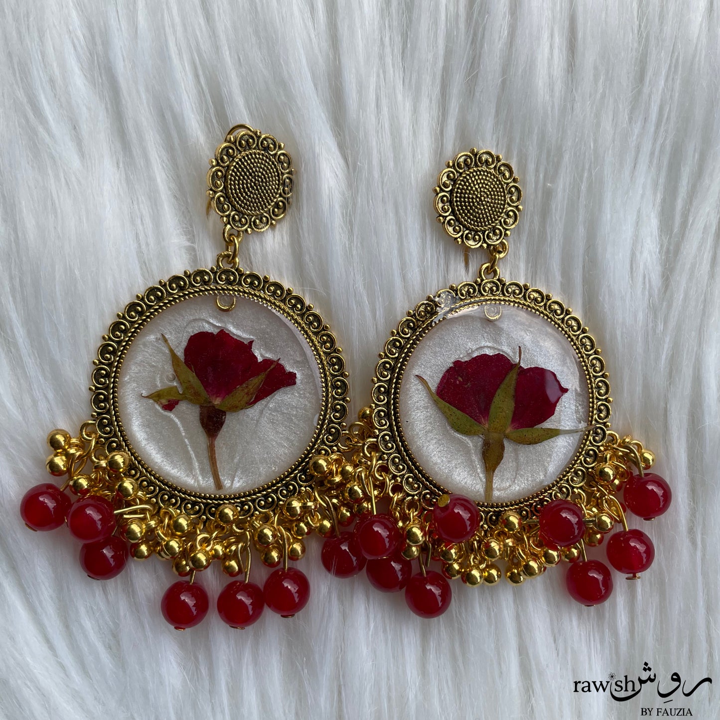 Red and White Floral Jhumkas and Tikka Set