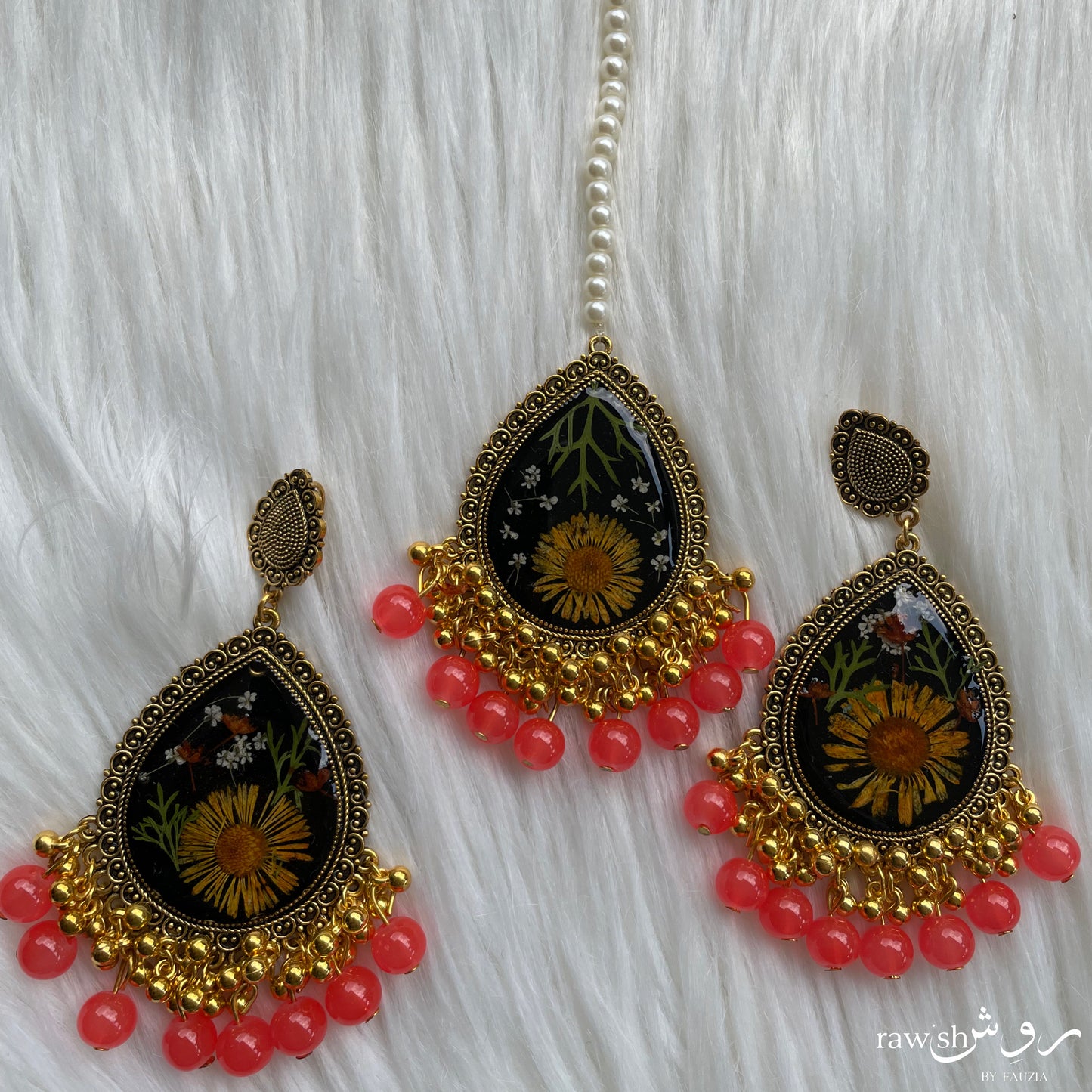 Black and Orange Floral Jhumkas and Tikka Set