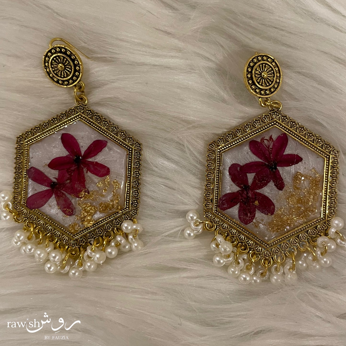 Pearl White Floral Hexagon Jhumkas