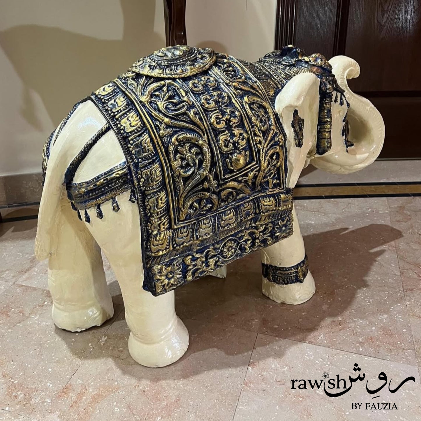 Ivory and Blue Elephant Sculpture Large
