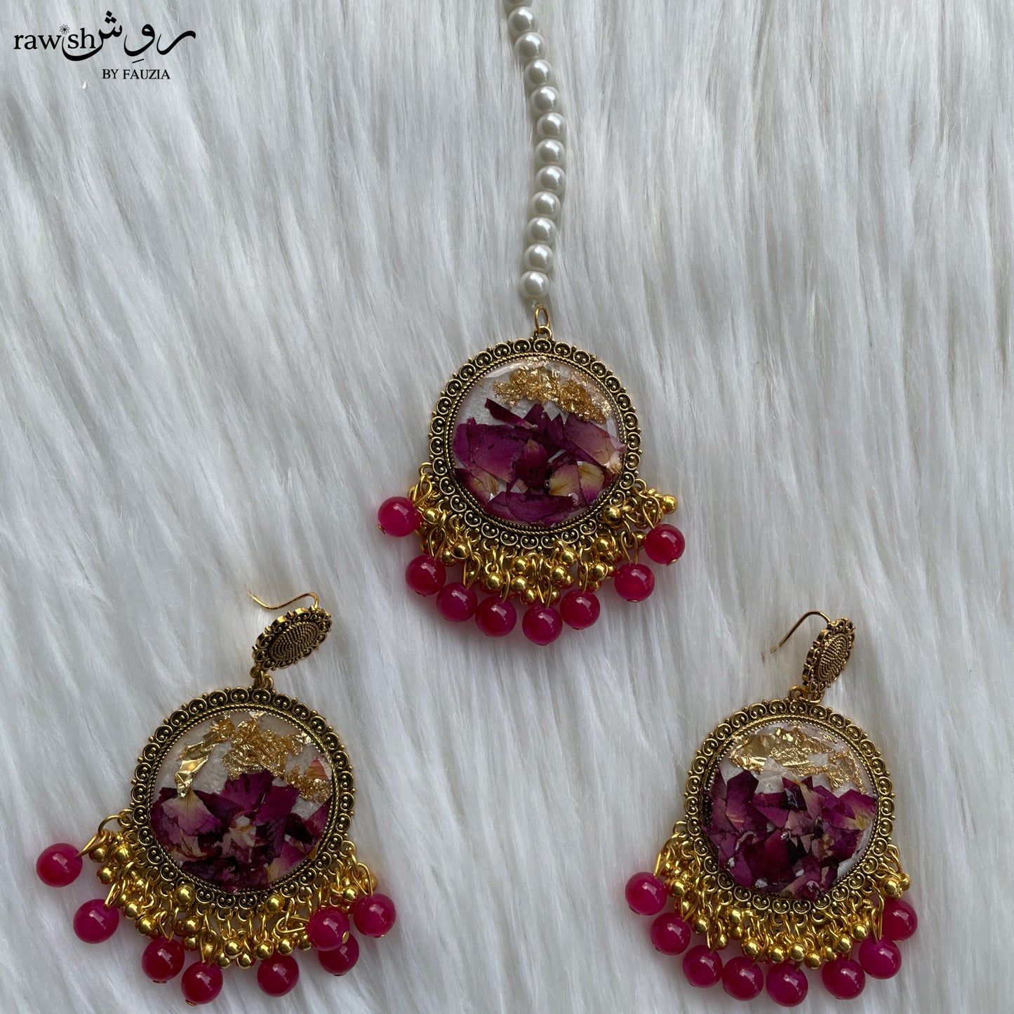 Rose and Gold Floral Jhumkas and Tikka Set