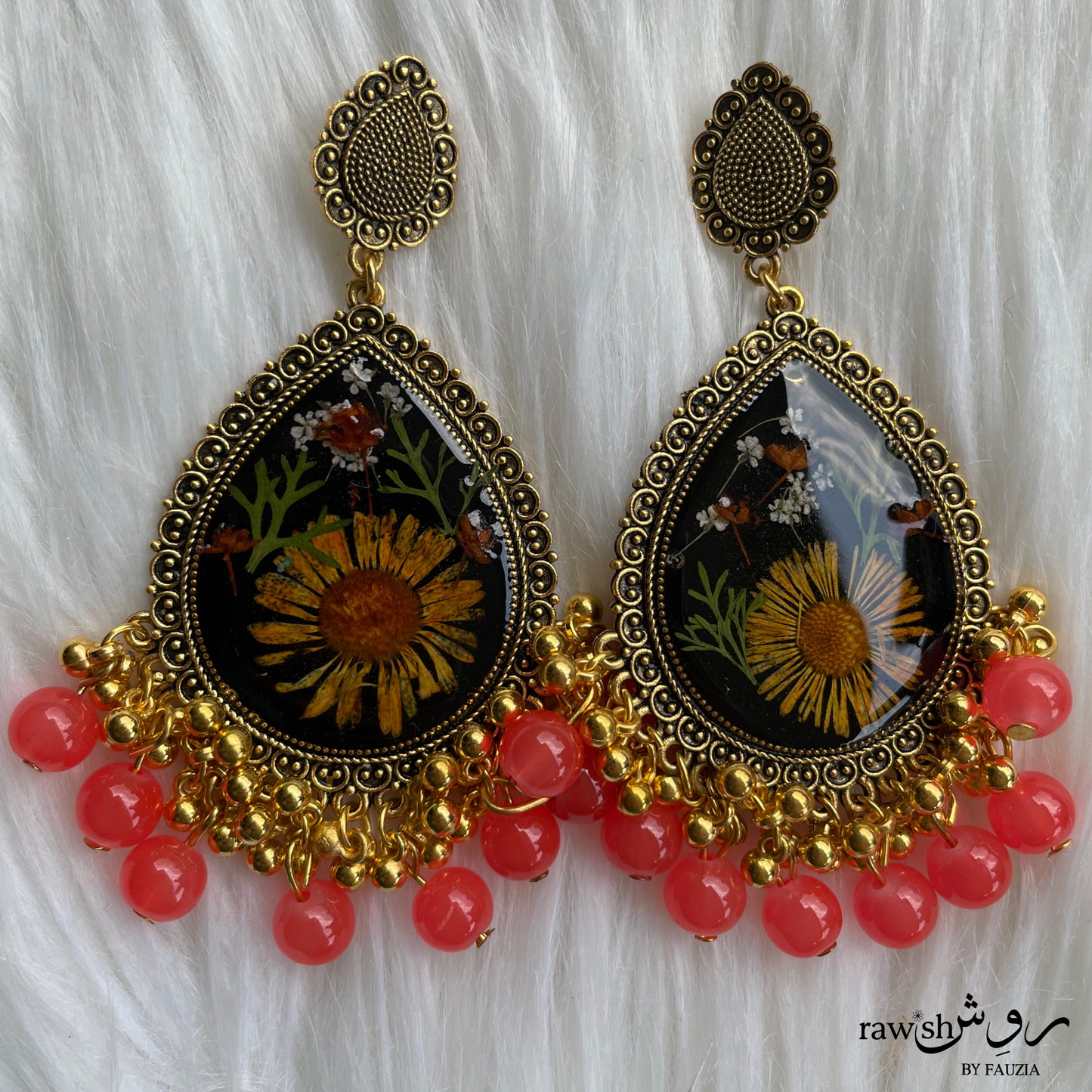 Black and Orange Floral Jhumkas and Tikka Set