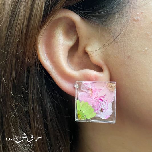 Pink and green floral earrings