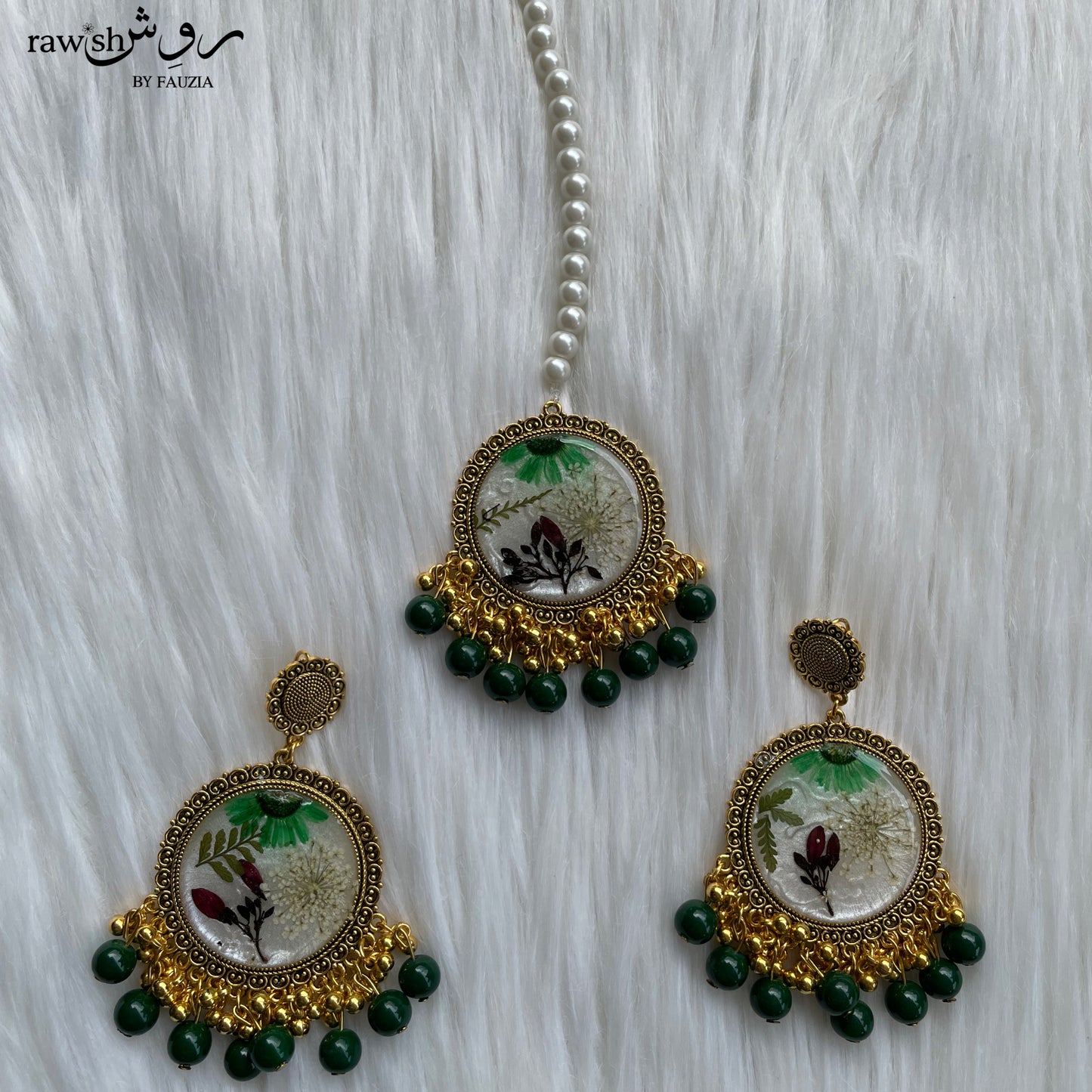 Pastel Green and White Floral Jhumkas and Tikka Set