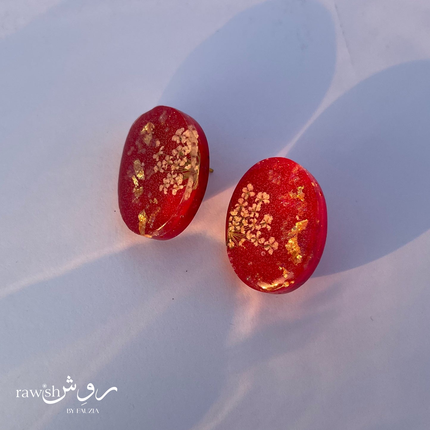 Red floral earrings with gold foil