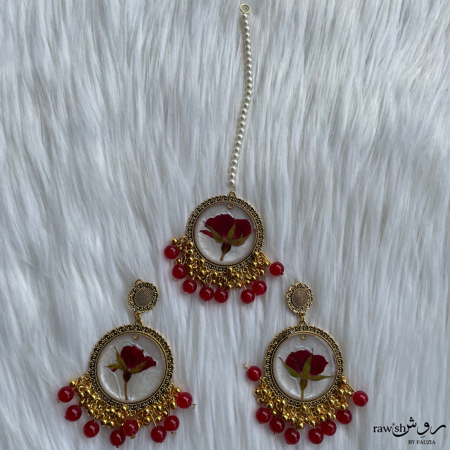 Red and White Floral Jhumkas and Tikka Set