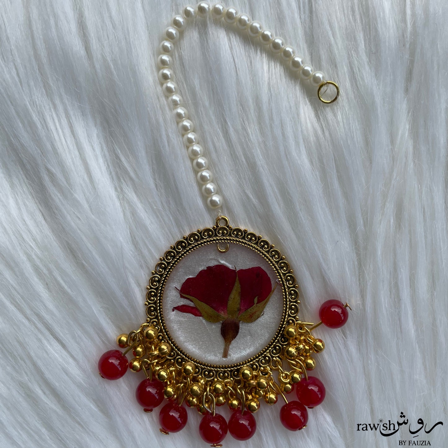 Red and White Floral Jhumkas and Tikka Set