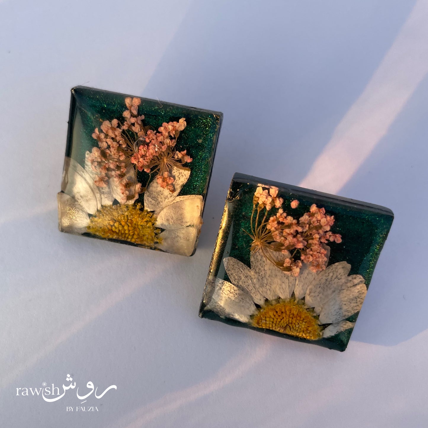 Green Floral square earrings