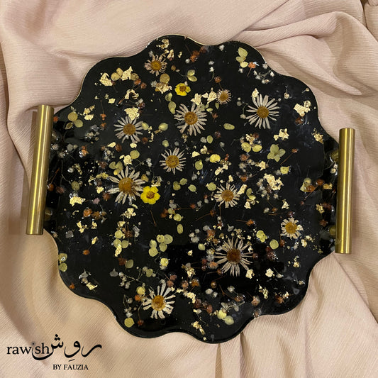 Black Floral round Resin Tray