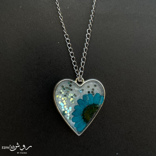 Blue Glittery floral Heart Pendant