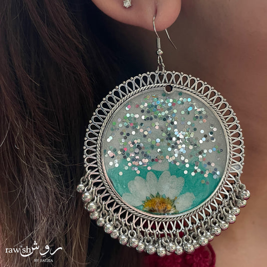 Turquoise Glittery Floral Jhumkas