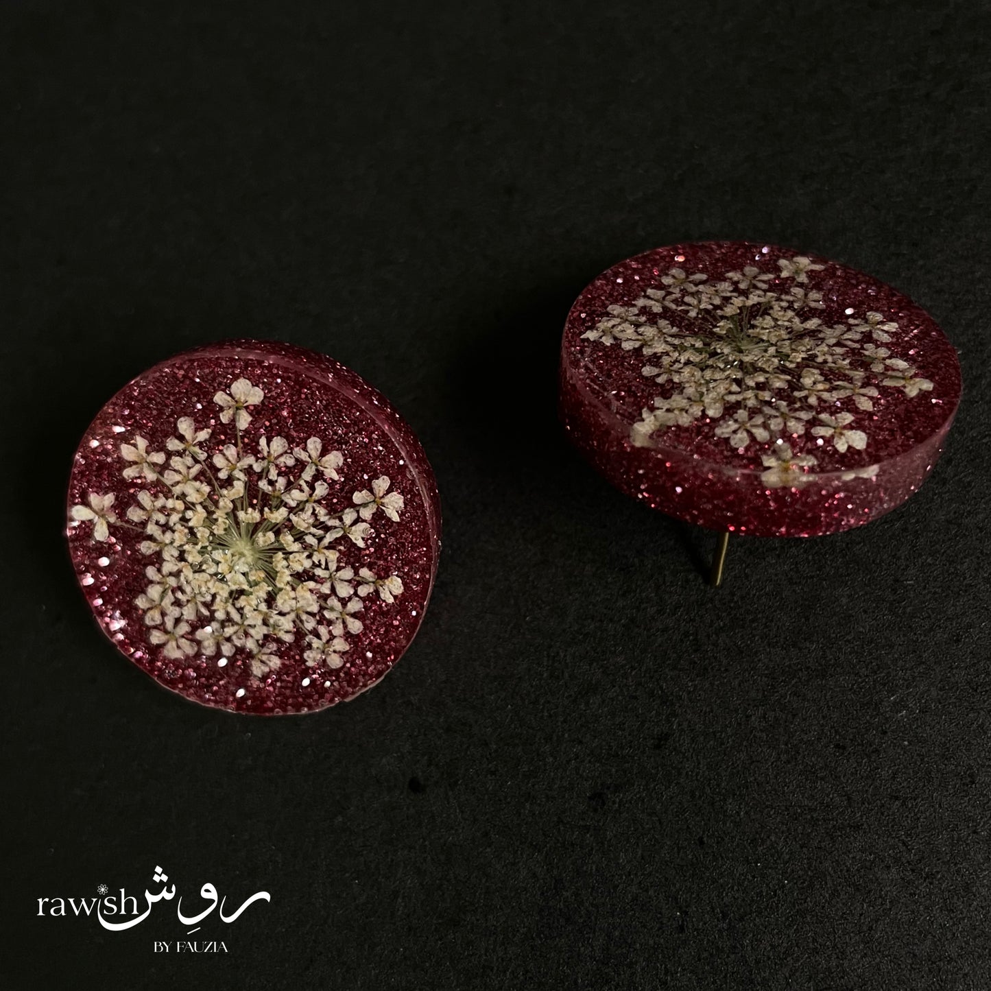 Pink glittery floral round earrings