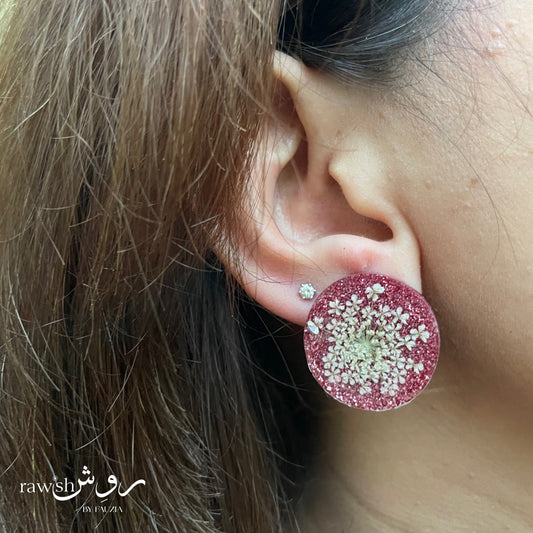 Pink glittery floral round earrings