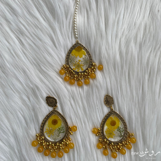 Yellow Floral Jhumkas and Tikka Set