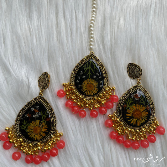 Black and Orange Floral Jhumkas and Tikka Set