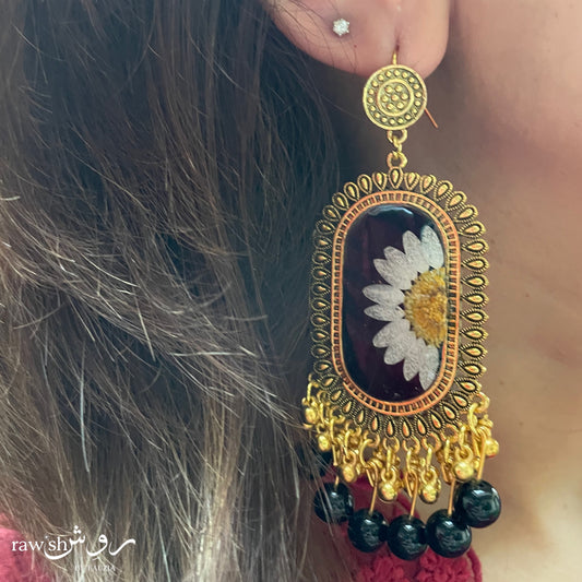 Black Floral Oval Jhumkas