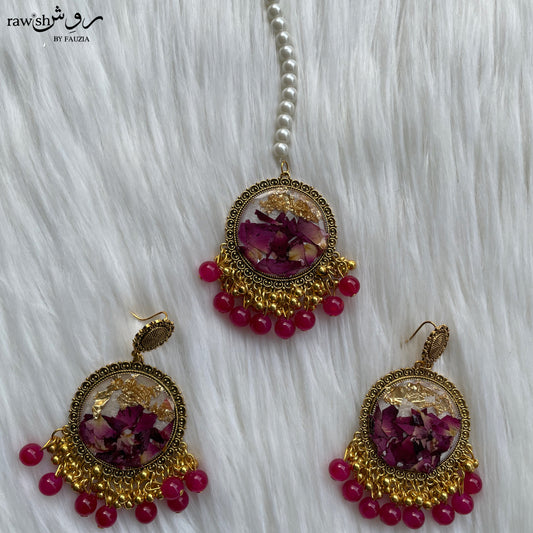 Rose and Gold Floral Jhumkas and Tikka Set