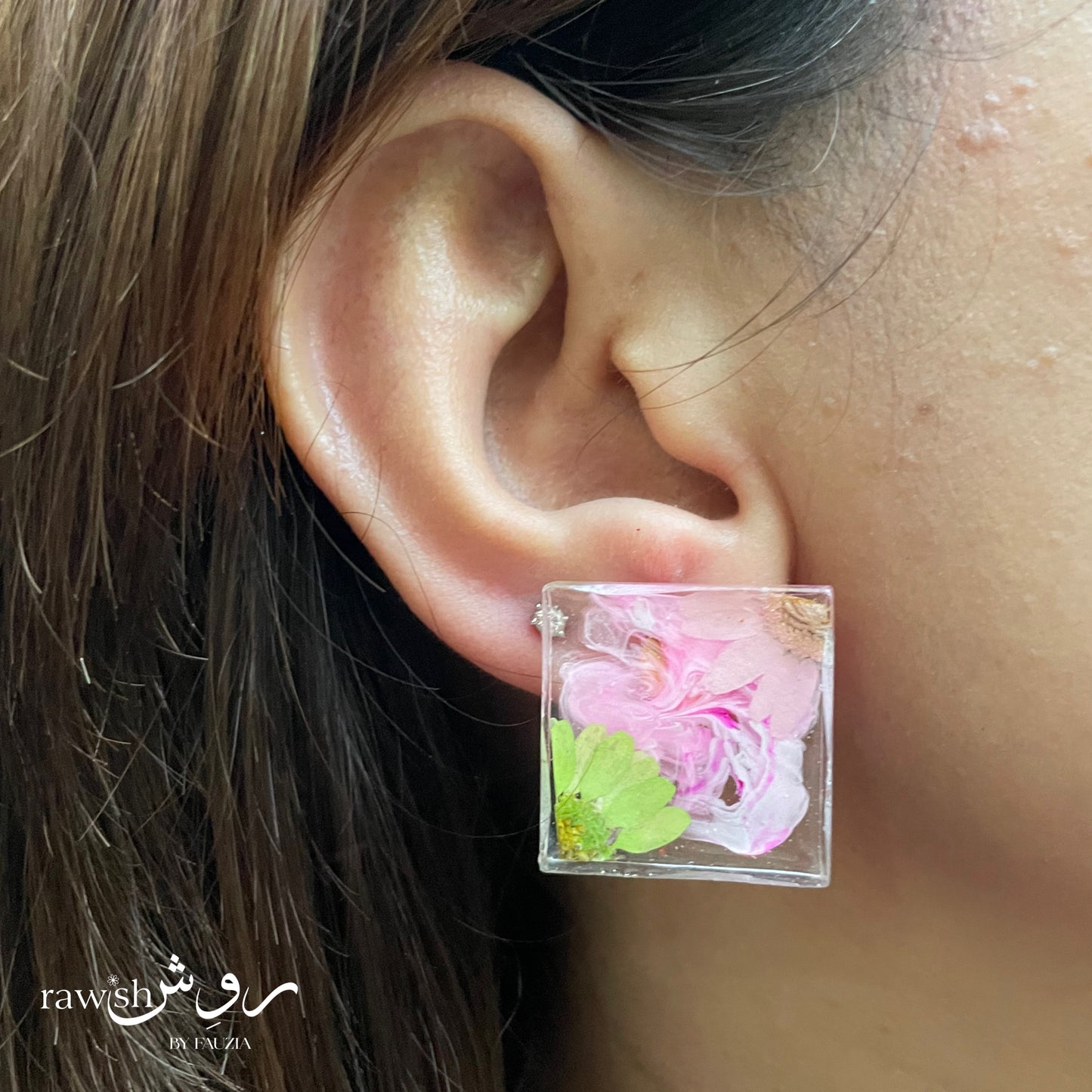 Pink and green floral earrings