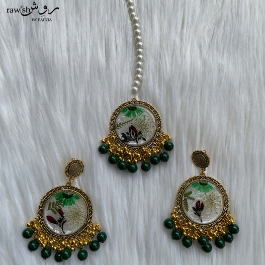 Pastel Green and White Floral Jhumkas and Tikka Set