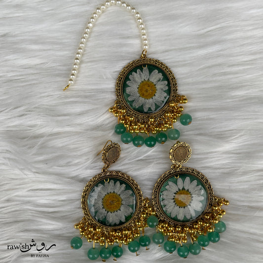 Green floral Jhumka and Tikka set