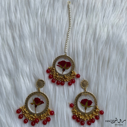 Red and White Floral Jhumkas and Tikka Set